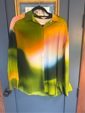 Marie Oliver Silk Gradient Button-Up Blouse in Green, Orange, Pink & Blue